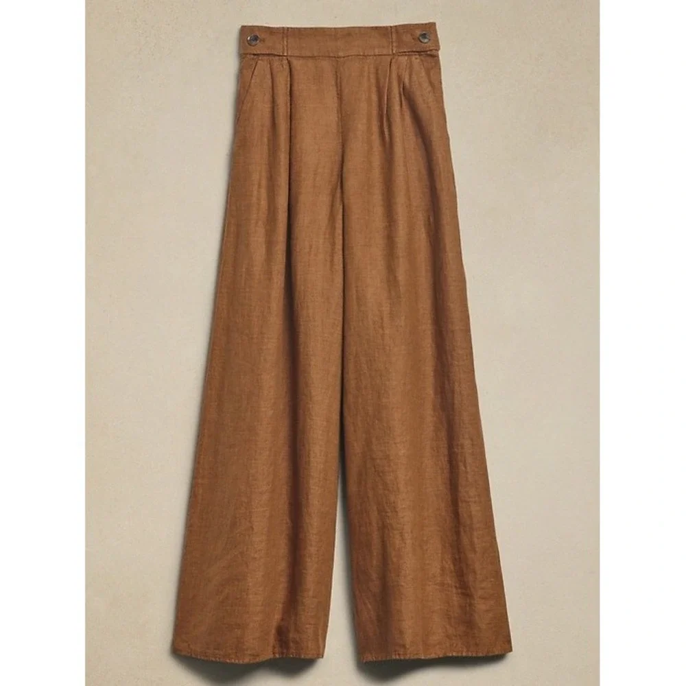 Banana Republic Womens Wide Leg Brown Linen Pleated Trouser Pants Size 00 Petite